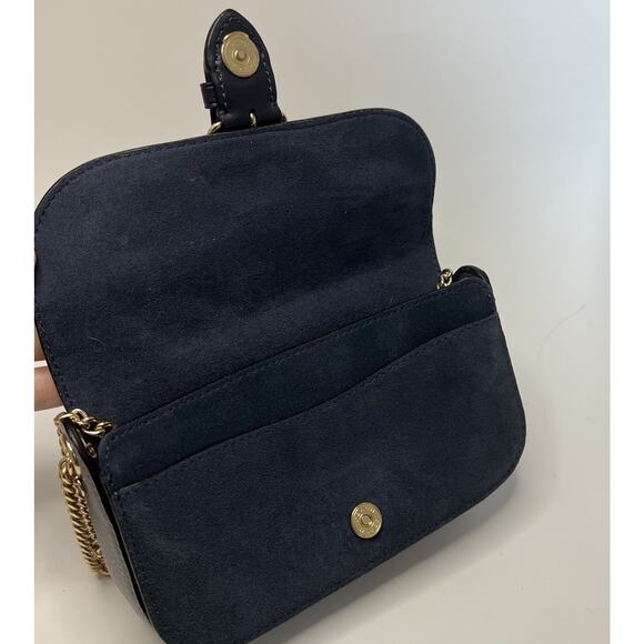 Coach Kleo Crossbody Navy Blue Suede Denim Leather Chain Gold Strap Mini Purse - Picture 9 of 16